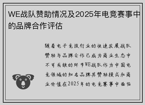 WE战队赞助情况及2025年电竞赛事中的品牌合作评估